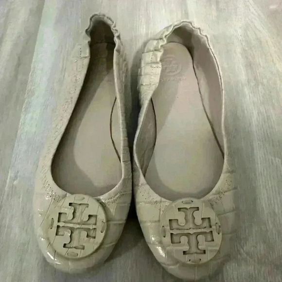 Tory Burch Reva Ballet Flats Cream Croc Embossed Leather Size 5M - Picture 2 of 9